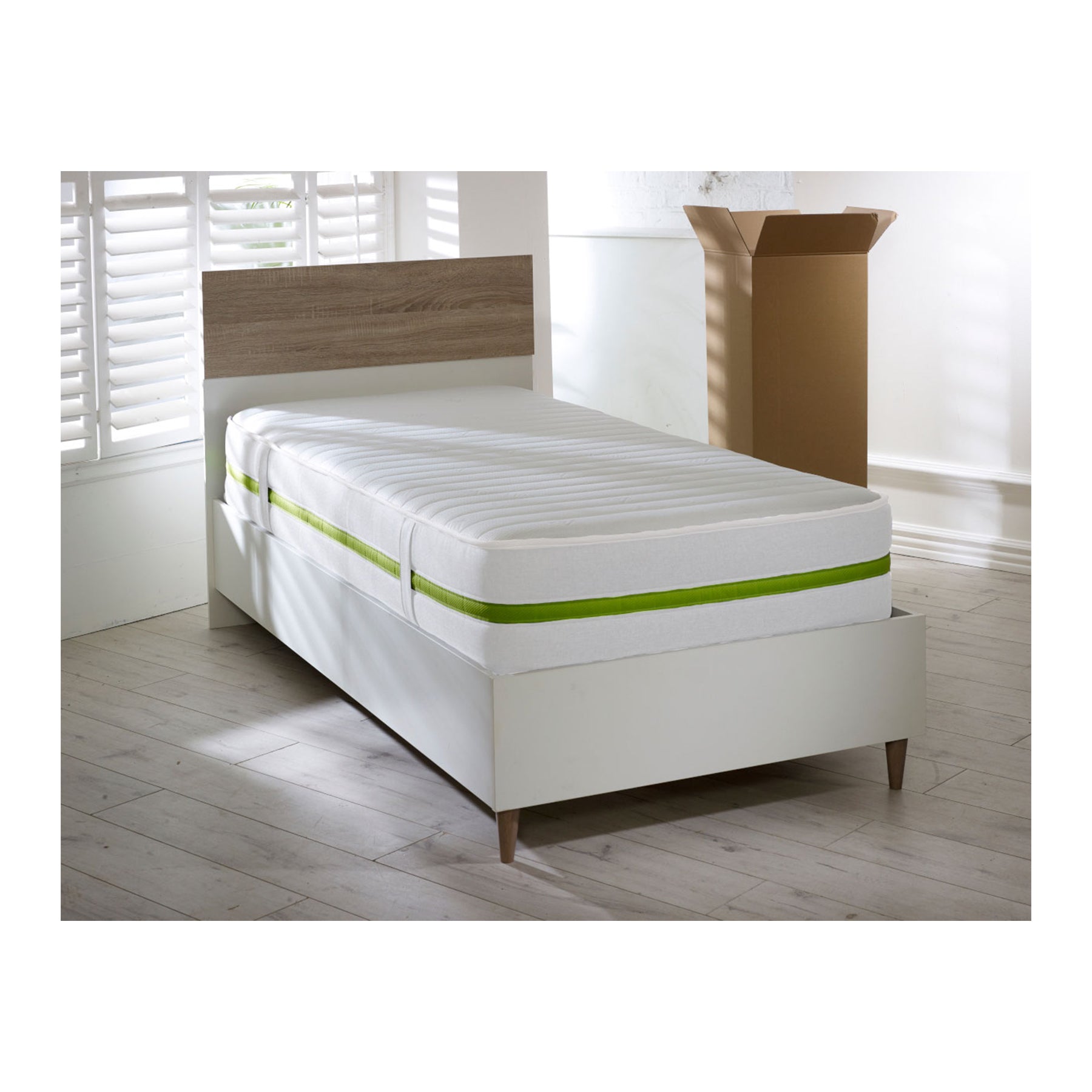 Starlight Beds 20cm Deep White and Green Border Quilted Memory foam and Open Coil Spring Mattress