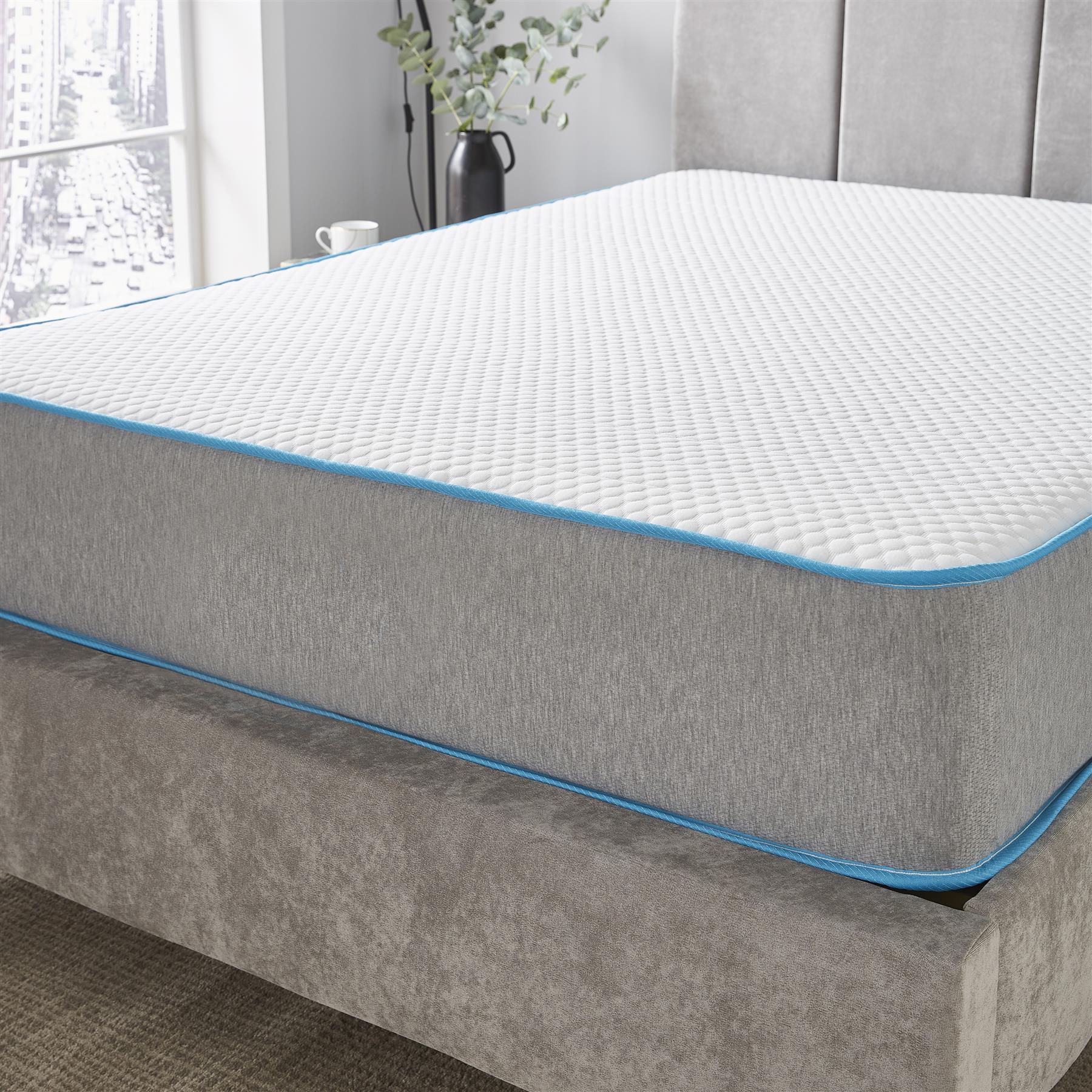 Starlight Beds™ Soft Fabric with 1" Memory Foam Layer Open Coil Blue and Grey Border Spring Mattress