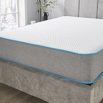 Starlight Beds™ 23cm Soft Fabric Mattress with 1" Memory Foam & Open Coil Spring (Blue & Grey Border)